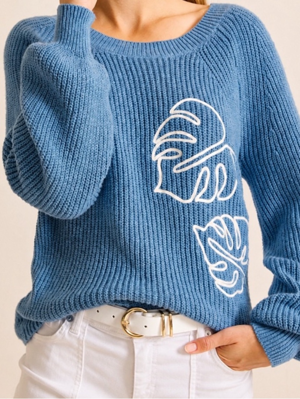 Tommy Bahama Breezy Beach Monstera Leaf Cotton Sweater Blue M Summer Sweater